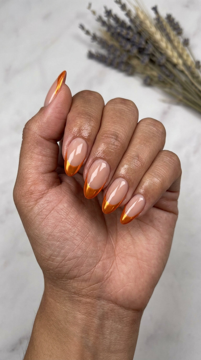 Molten Orange Chrome French nails for summer colorful nails designs 2026. Edgy, glamorous date night outfit idea.