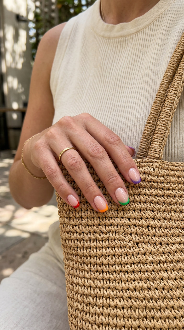 Rainbow micro French tips on a nude base, playful and Y2K nostalgic for festivals. Summer colorful nails designs 2026.
