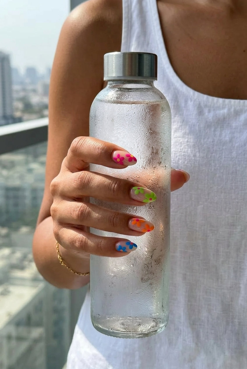 Retro Flower Power nails for summer colorful nails designs 2026. Whimsical vacation outfit inspiration.