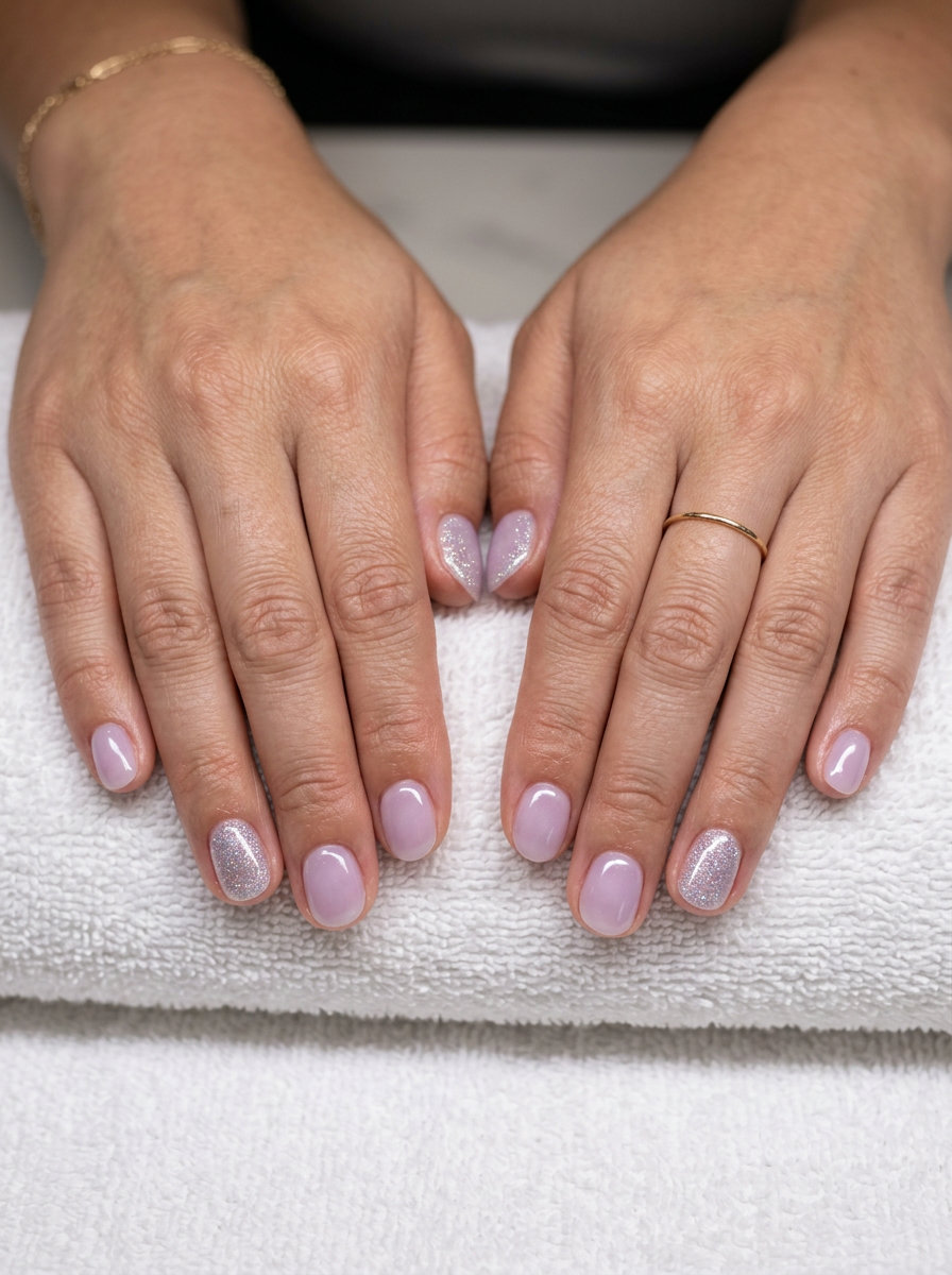 Sparkling lavender nails with holographic glitter accents, perfect for daily wear or bridal showers. Summer colorful nails designs 2026.