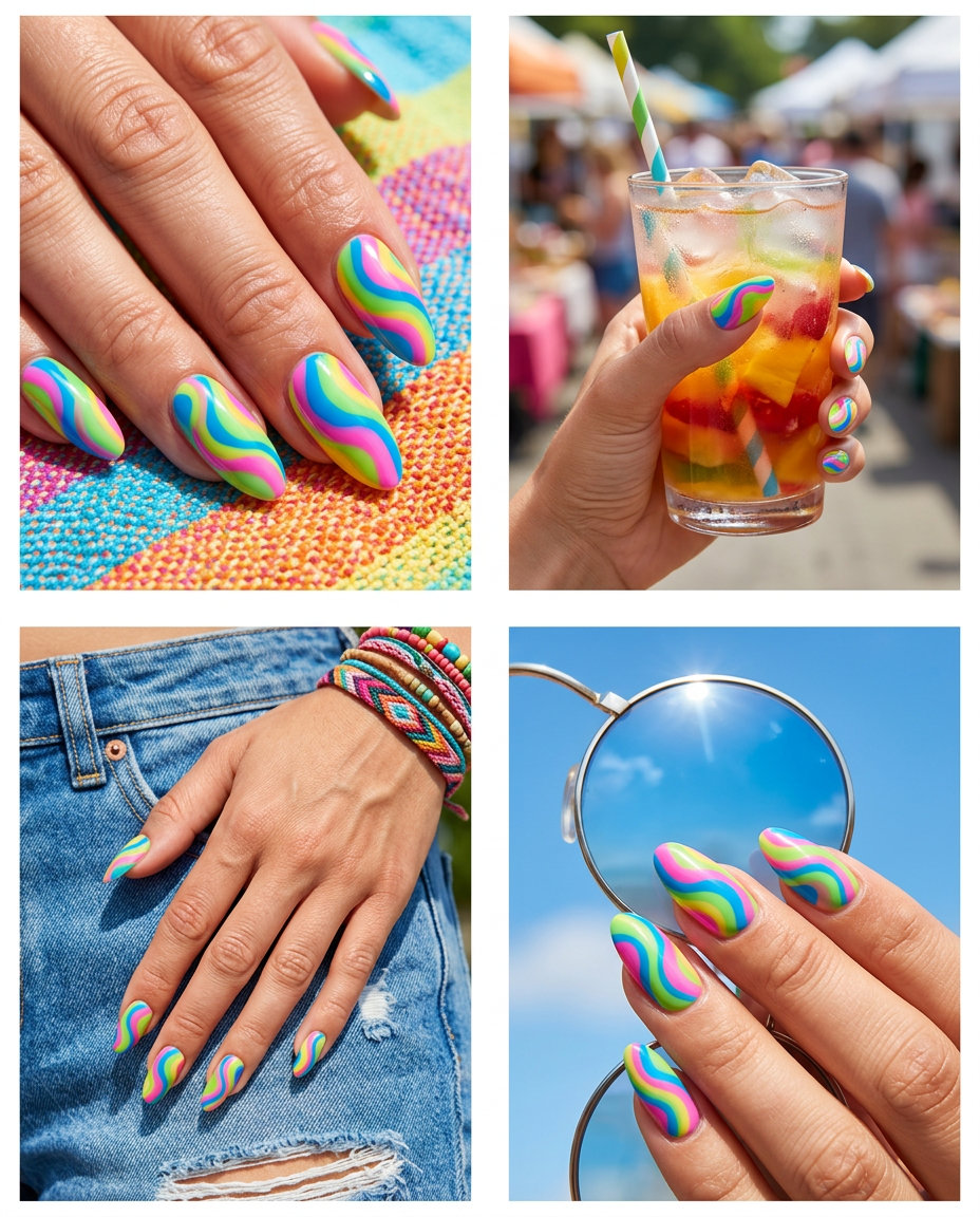Summer Rave Swirls nails for summer colorful nails designs 2026. Energetic casual outfit accent.