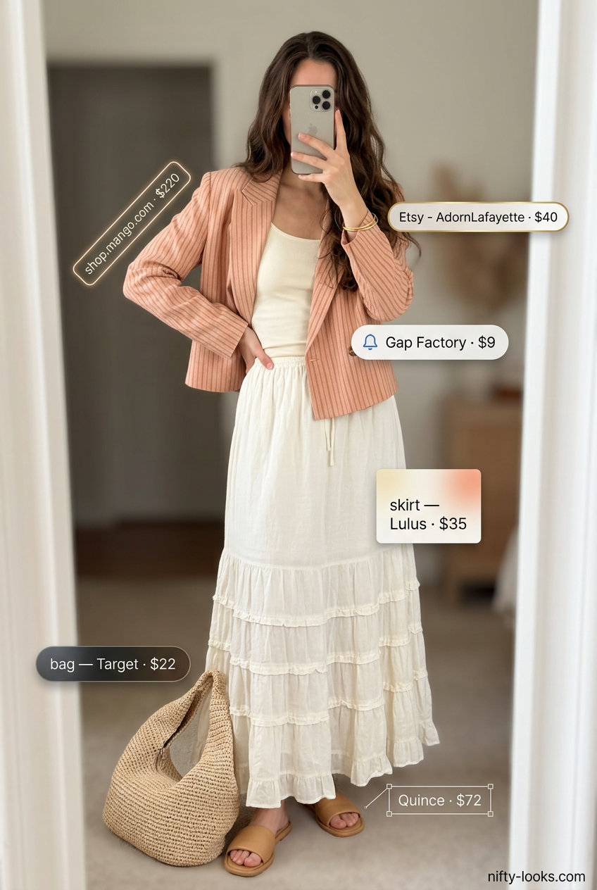 Sunset beach summer cropped blazer outfit with coral linen blazer, maxi skirt, and straw tote for women 2026.