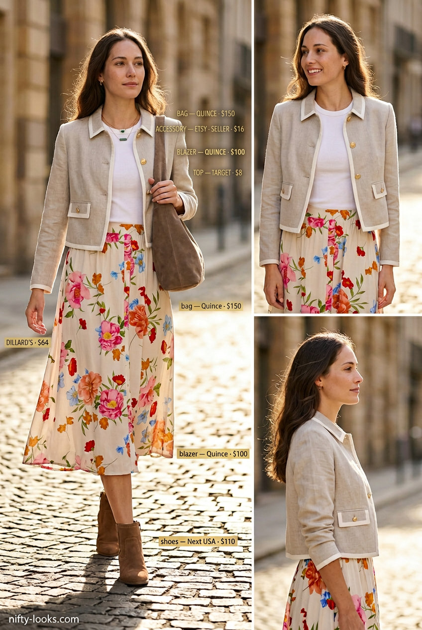 Boho summer cropped blazer outfit with floral midi skirt, beige linen blazer, and suede boots for women 2026.