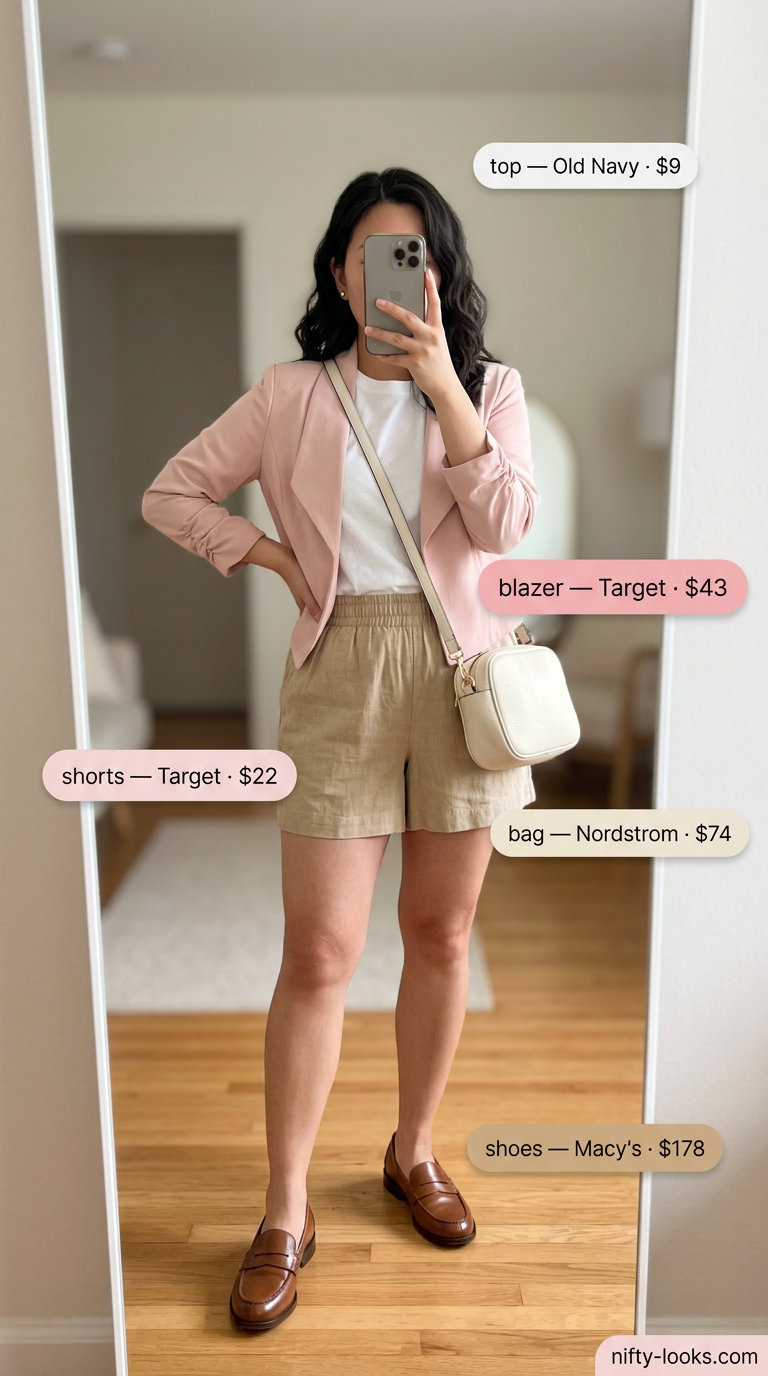 Pastel pink cropped blazer outfit for women 2026. Chic daytime style with linen shorts & loafers.