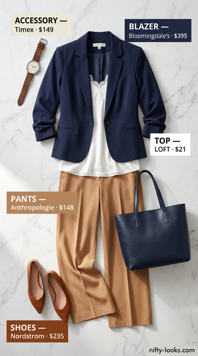 Chic city explorer summer cropped blazer outfit with navy blazer, palazzo pants, and flats for women 2026.
