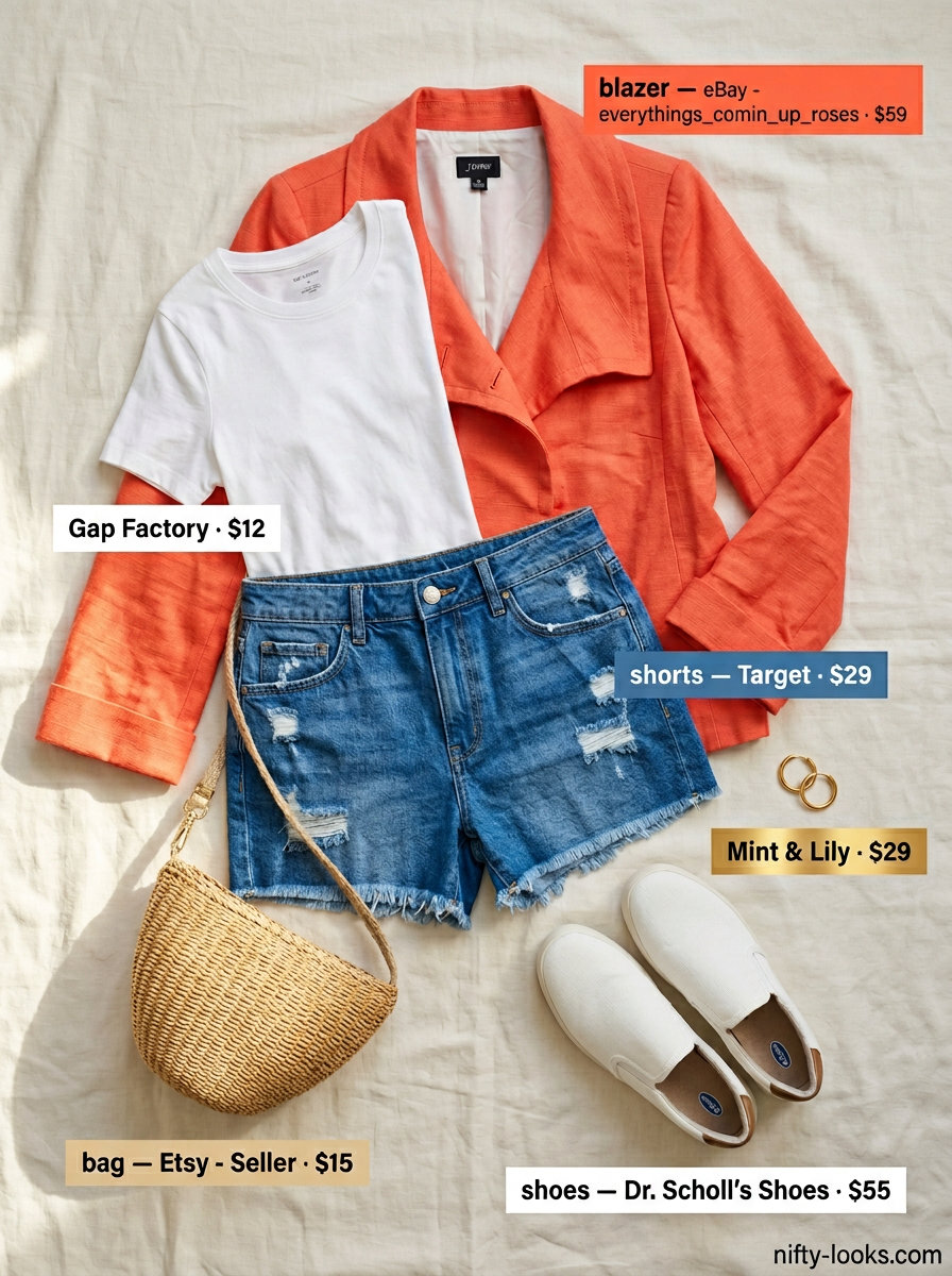 Summer cropped blazer outfits for women 2026: Coral linen blazer, denim shorts, white t-shirt for beachside dinner.