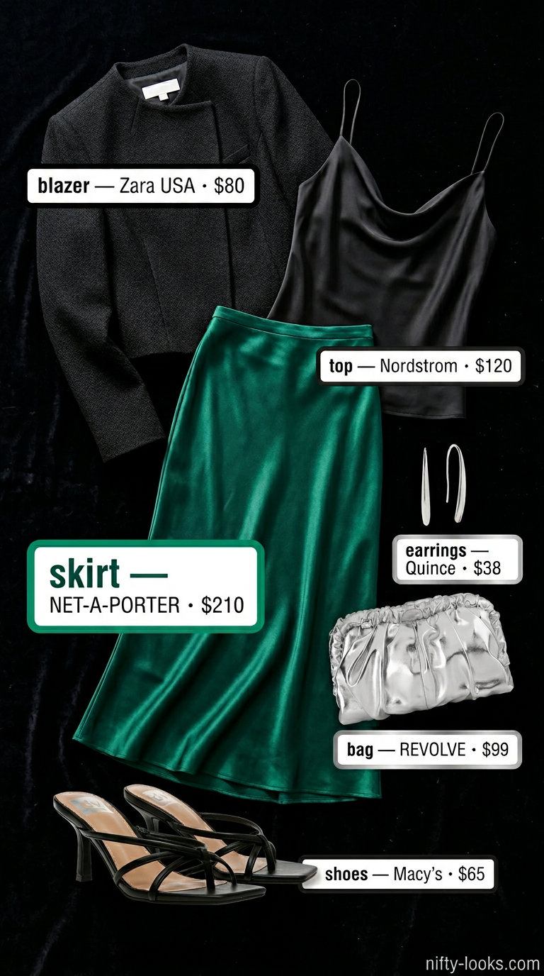 Summer cropped blazer outfits for women 2026: Black blazer, emerald satin skirt, silver sandals for evening.