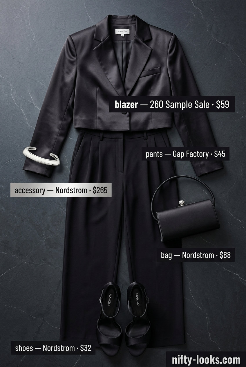 Evening elegance summer cropped blazer outfit with black satin blazer, wide-leg trousers, and heels for women 2026.