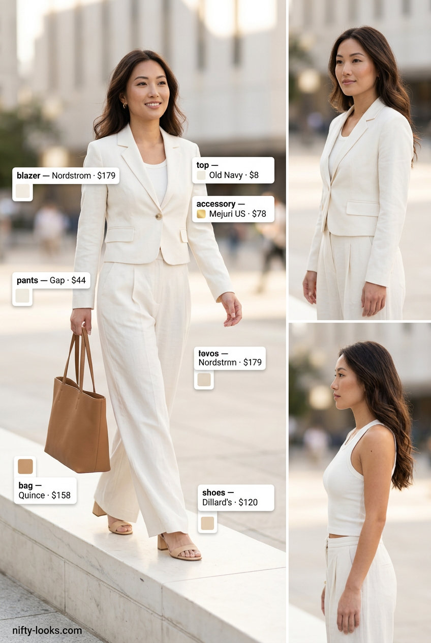 Summer cropped blazer outfits for women 2026: Ivory linen blazer, matching pants, block heels for elegant casual.