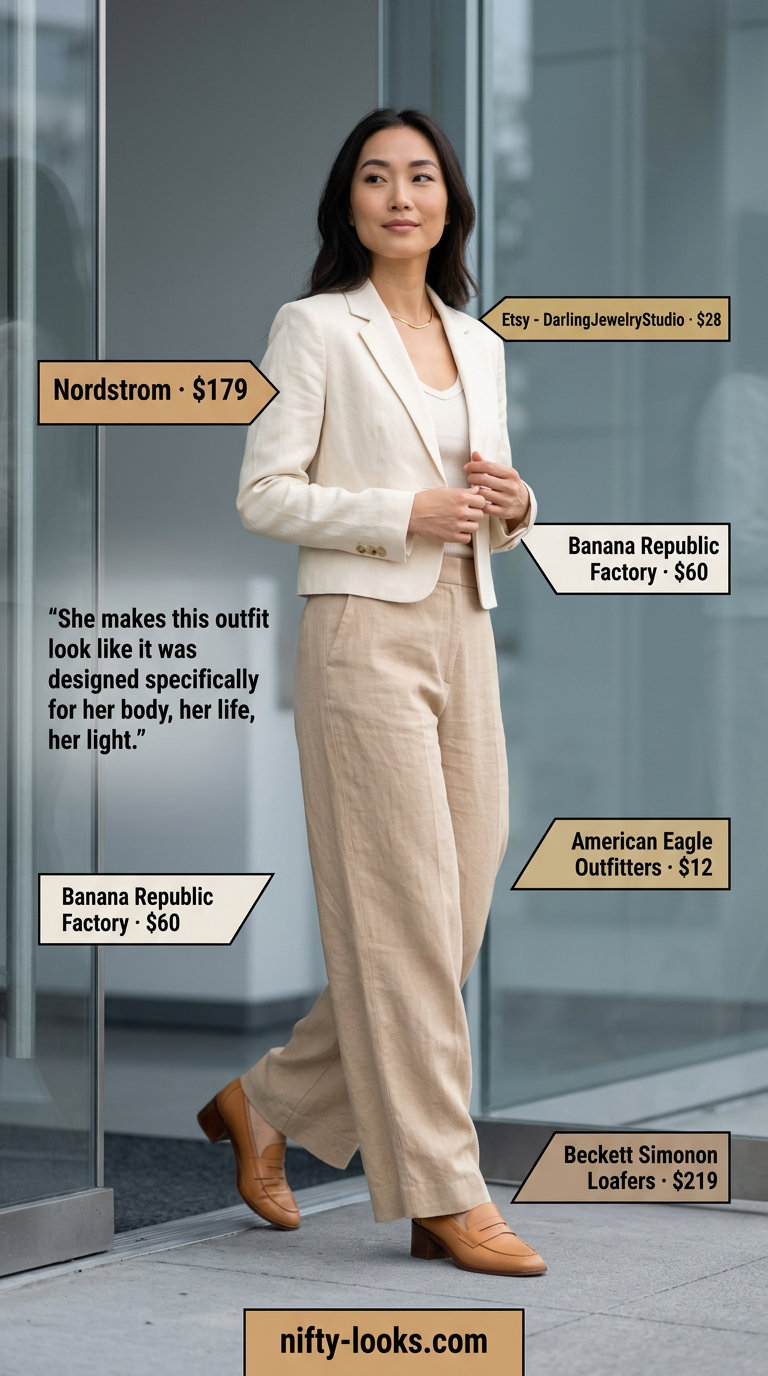 Summer cropped blazer outfits for women 2026: White linen blazer, beige pants, leather loafers for casual office.