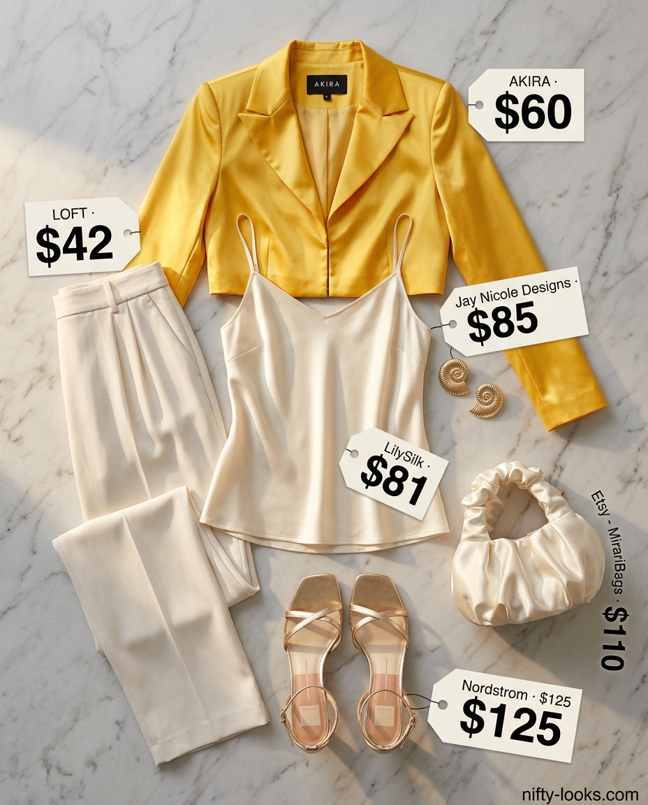 Summer cropped blazer outfits for women 2026: Mustard yellow blazer, cream trousers, gold sandals for evening.