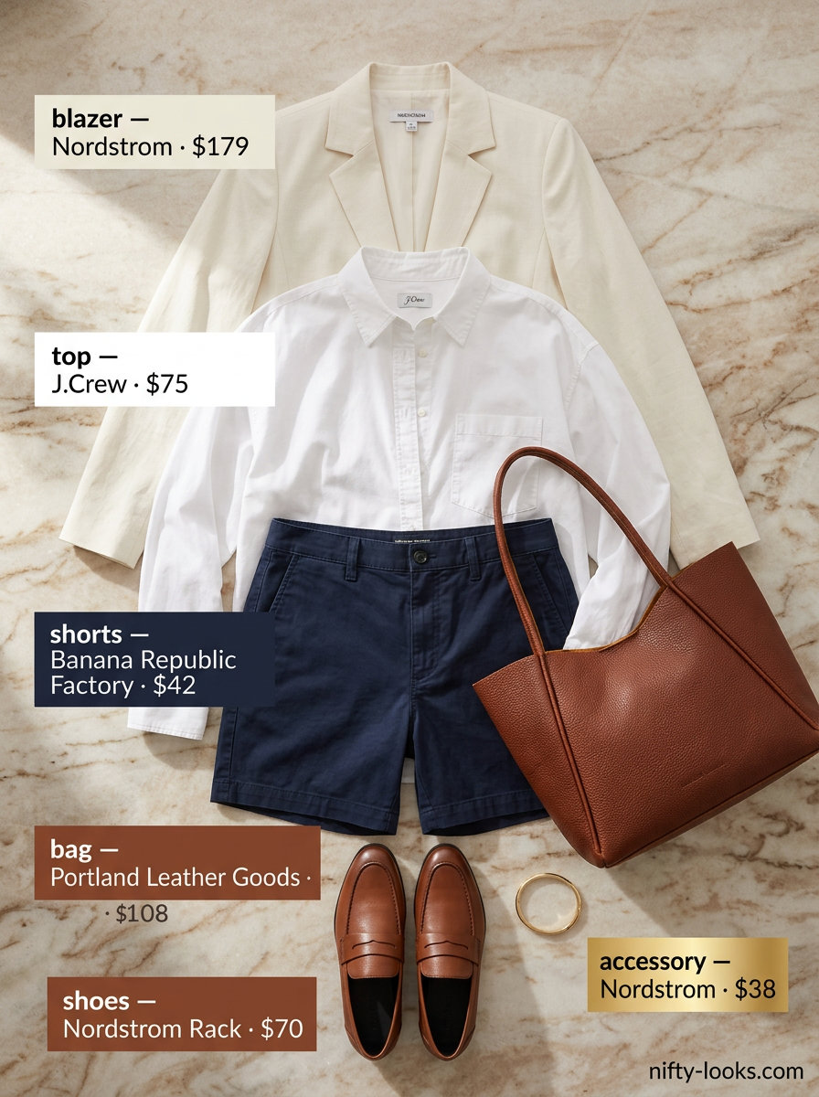 Modern prep summer cropped blazer outfit with beige blazer, chino shorts, and button-down for women 2026.