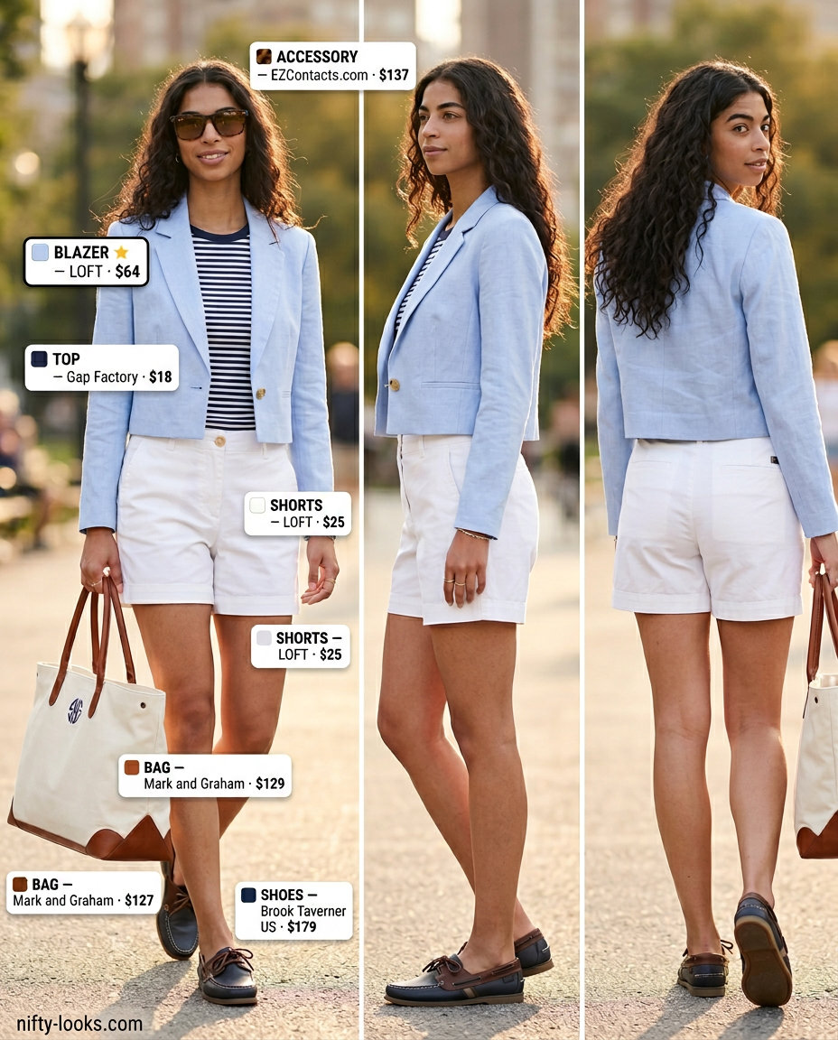 Preppy summer cropped blazer outfit with light blue blazer, chino shorts, and striped top for women 2026.
