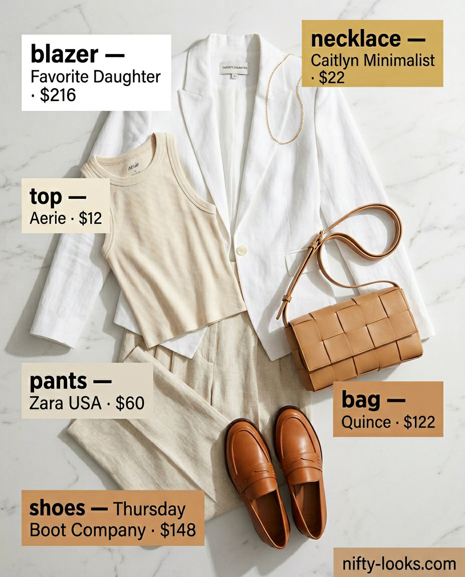 Urban oasis summer cropped blazer outfit with white linen blazer, wide-leg pants, and loafers for women 2026.
