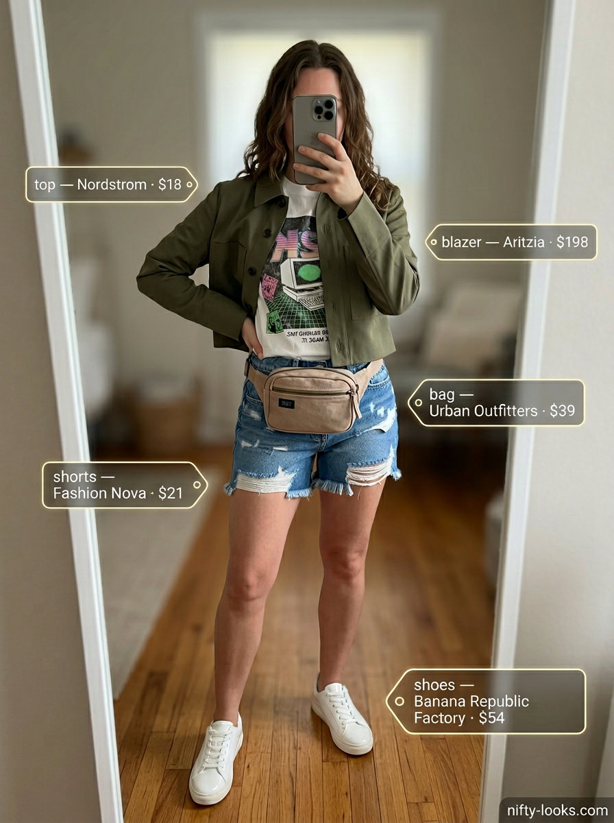 Olive green cropped blazer outfit for women 2026. Relaxed weekend style with denim shorts & graphic tee.