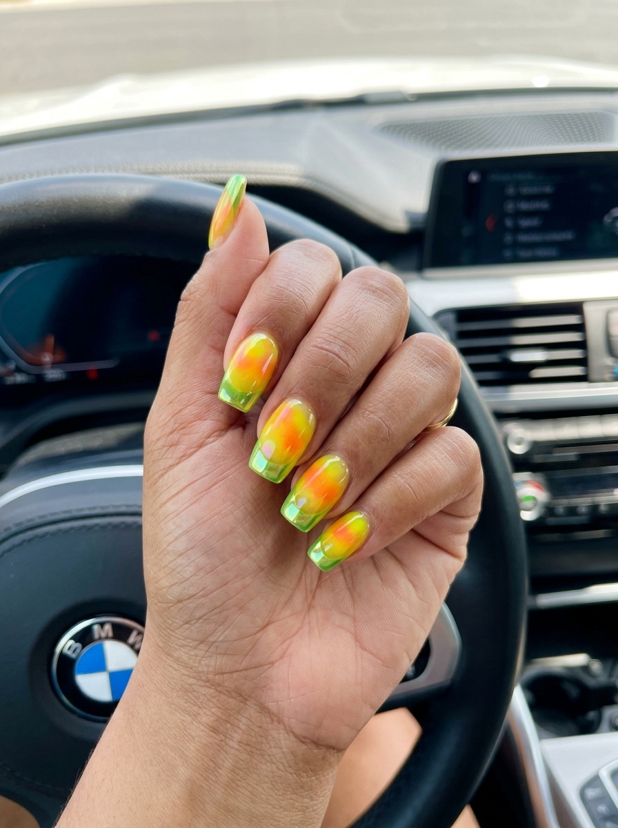 Playful citrus pop chrome French tips for summer dip nails 2026. Festival and vacation ready.