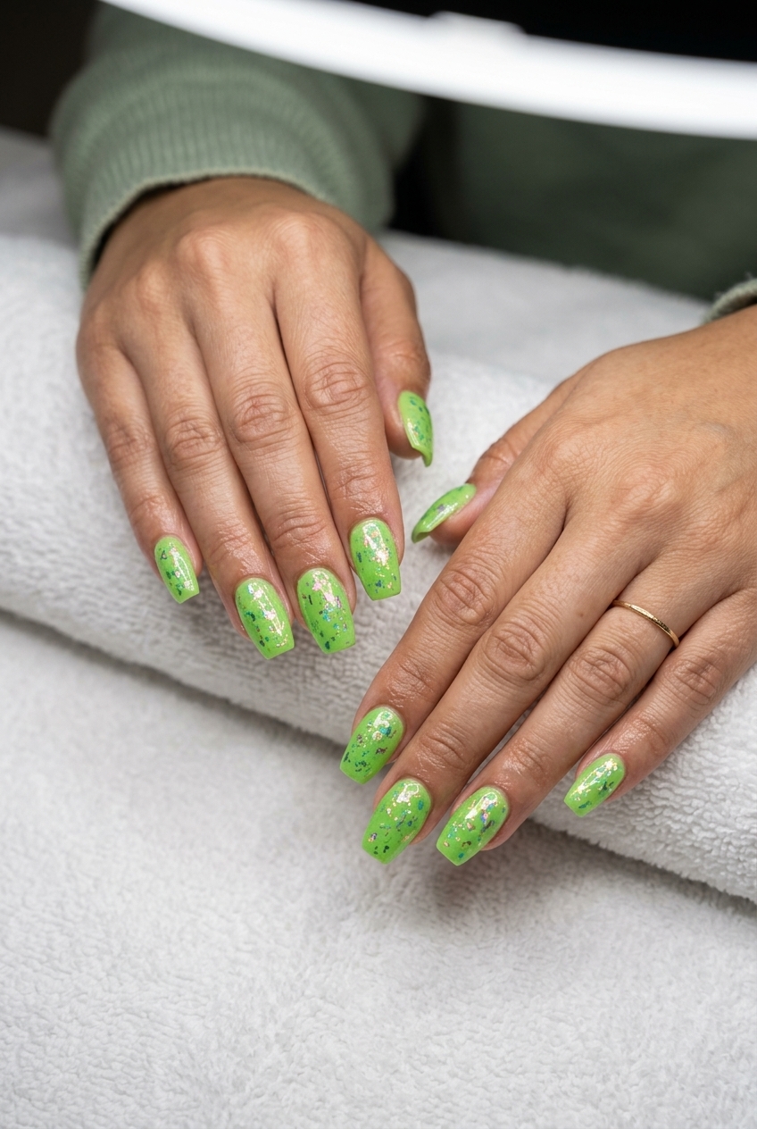 Edgy lime green nails with iridescent foil flakes for summer dip nails 2026. Party ready.