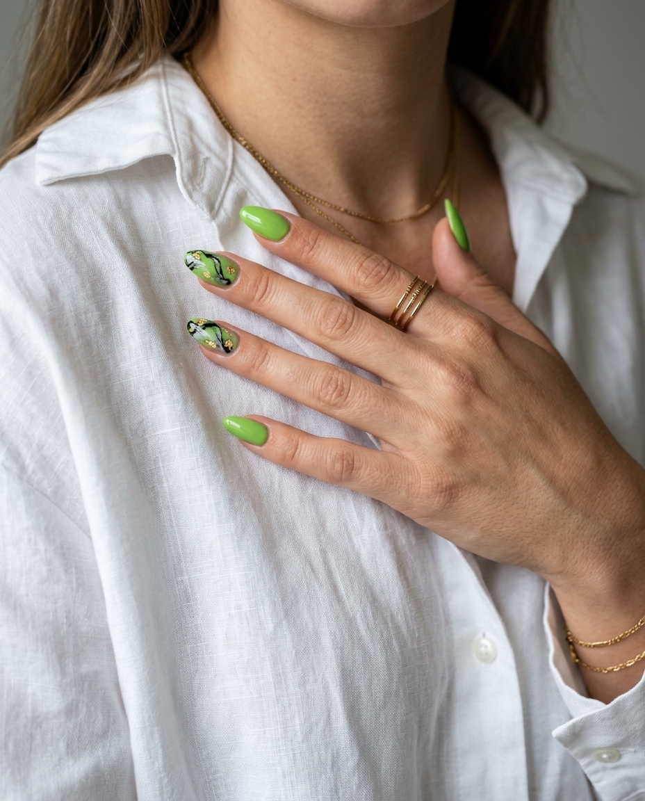 Lime green marble accent dip nails 2026 for parties and festivals. Glamorous, edgy, artistic medium square nails.