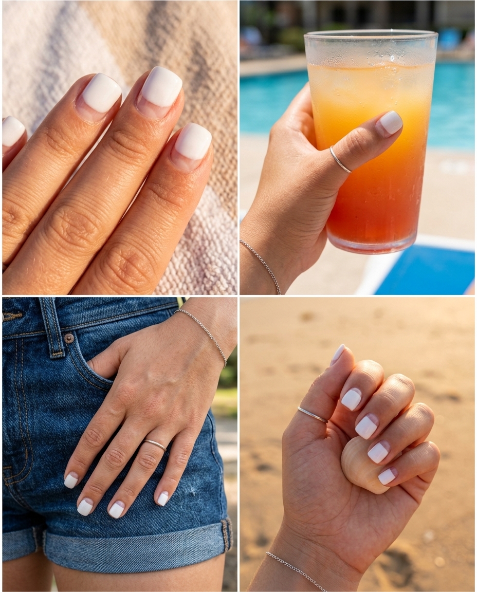 Milky white negative space French dip nails 2026 for minimalist daily wear and work. Clean, sophisticated medium oval nails.
