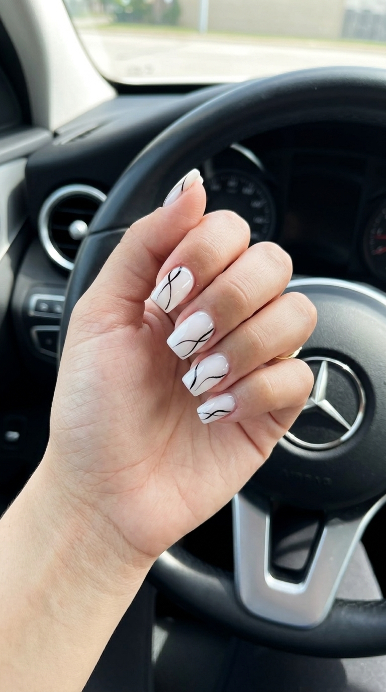 Minimalist chic milky white nails with fine black lines for summer dip nails 2026.