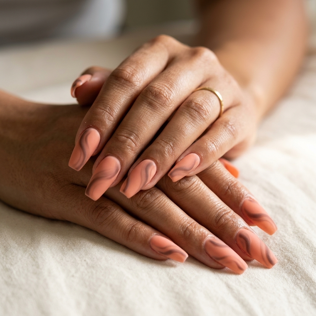 Sultry soft coral velvet swirl nails with deep taupe for summer dip nails 2026. Evening out style.