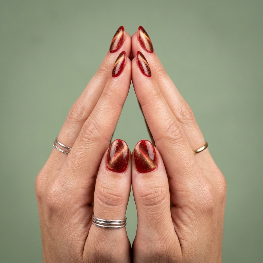 Classic red cat-eye dip nails 2026 for date night, formal events, and evening out. Sultry, sophisticated look.