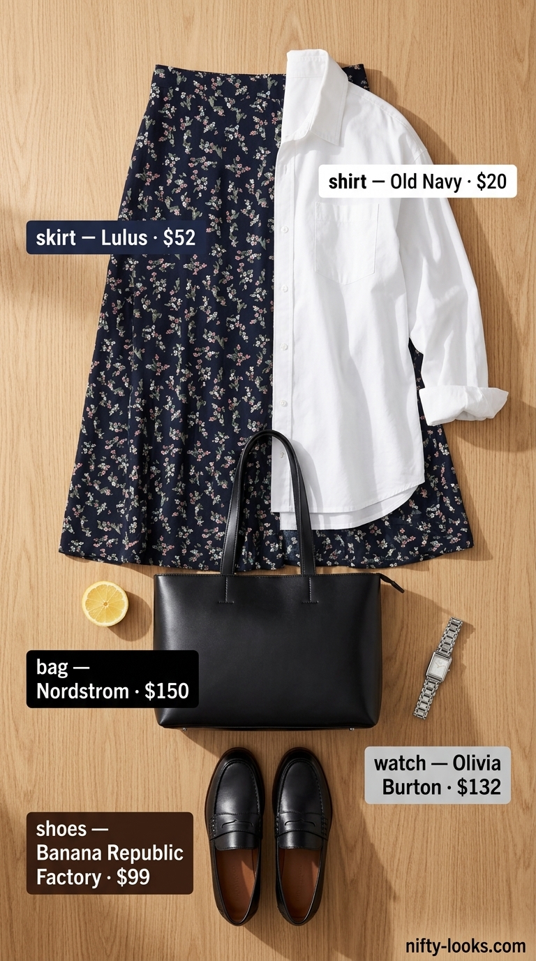 Artistic Summer Floral Skirt Outfits for Women 2026: Abstract floral midi skirt with white button-down and loafers.