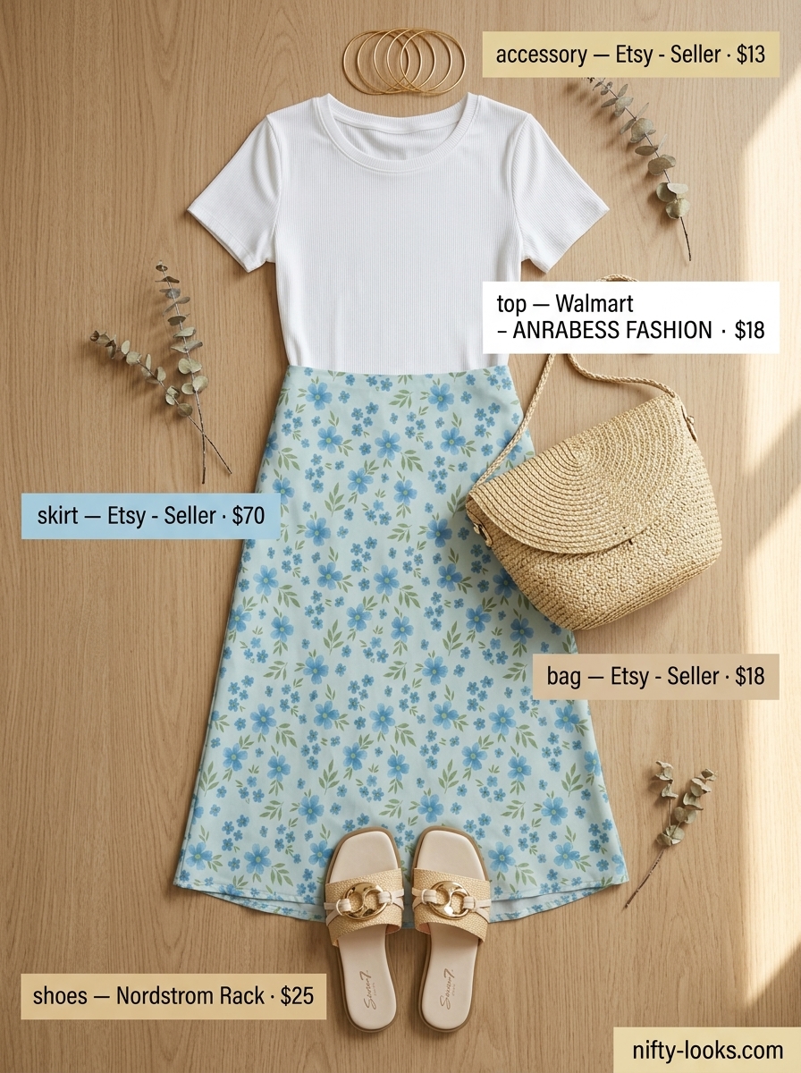 Elegant Summer Floral Skirt Outfits for Women 2026: Soft blue floral midi skirt with cream knit top and raffia sandals.