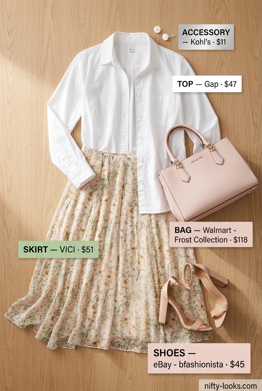 Feminine blush pink floral pleated midi skirt outfit with white shirt for garden parties. Summer Floral Skirt Outfits for Women 2026.