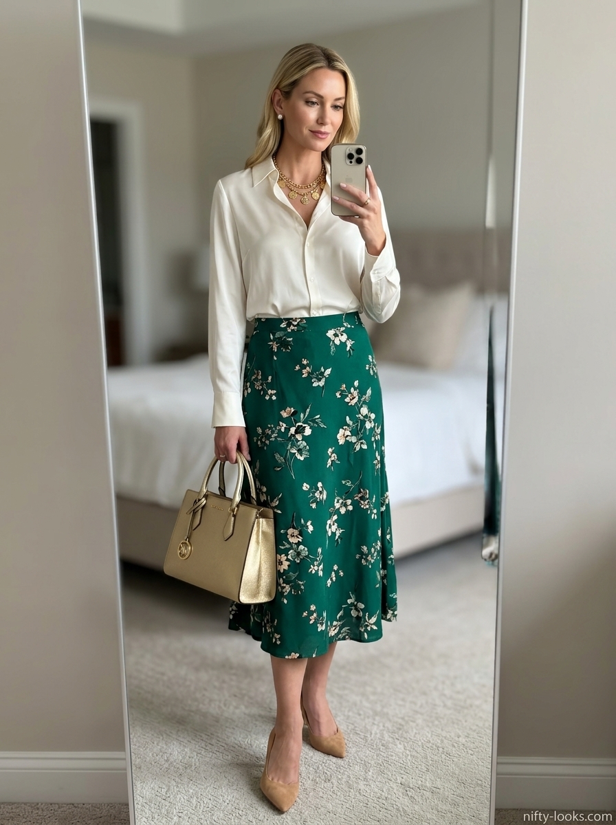Elegant emerald green floral midi skirt outfit with silk blouse for wedding guests. Summer Floral Skirt Outfits for Women 2026.