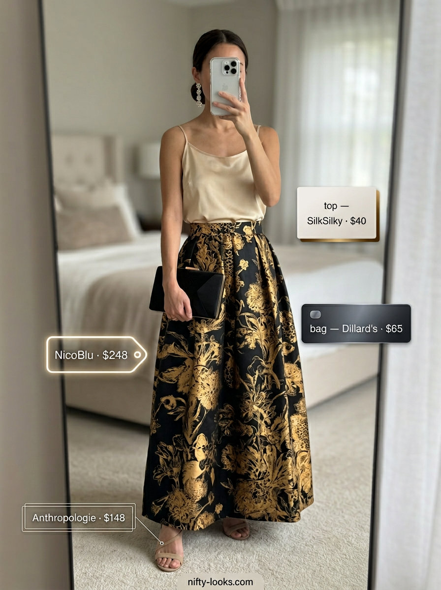 Elegant gold floral midi skirt outfit for women 2026, perfect for date night or cocktail parties.