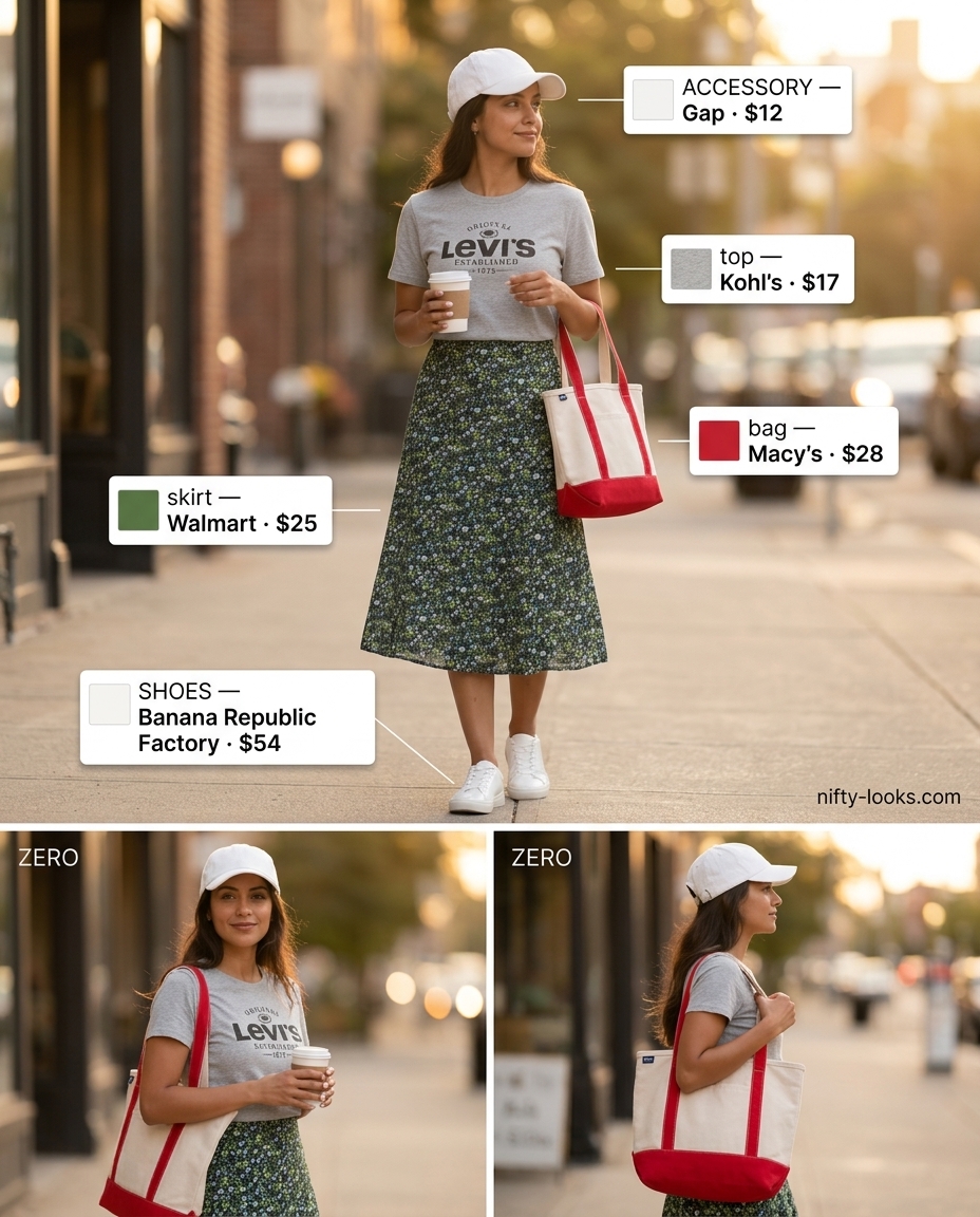 Casual green floral midi skirt outfit for women 2026, ideal for errands or a day out.