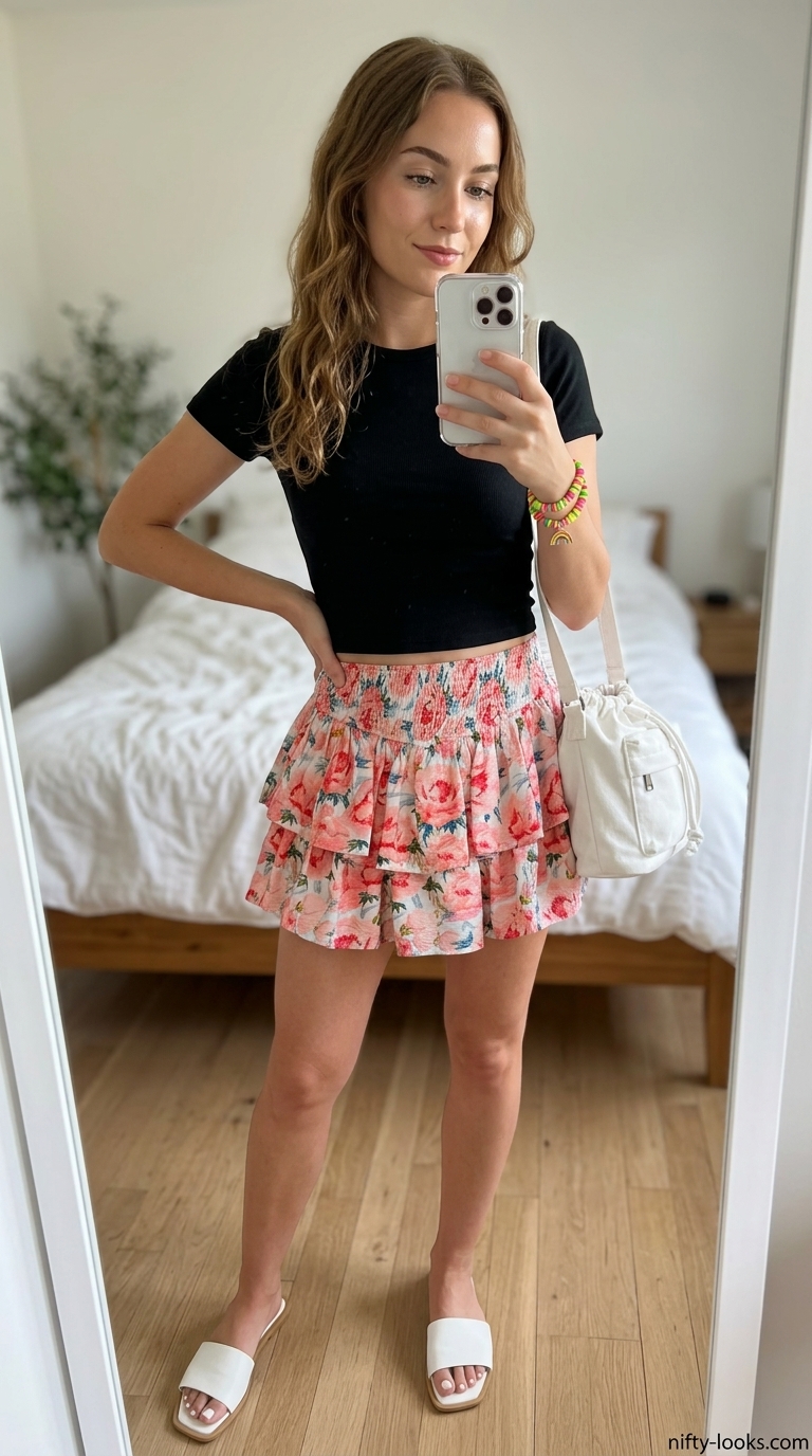 Fun hot pink floral mini skirt outfit with black crop top for beach evenings. Summer Floral Skirt Outfits for Women 2026.
