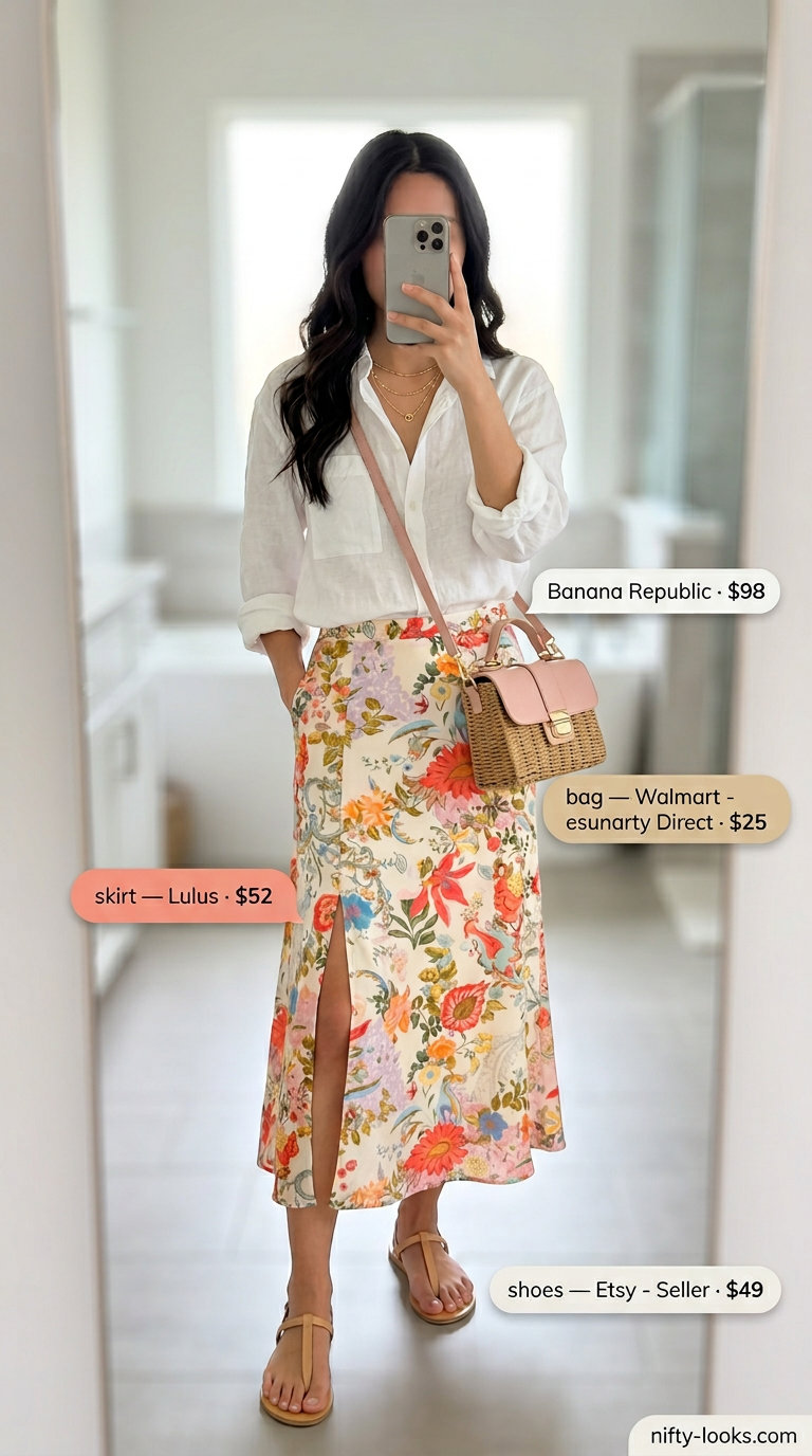 Fresh Summer Floral Skirt Outfits for Women 2026: Multi-color floral midi skirt with linen shirt and flat sandals.