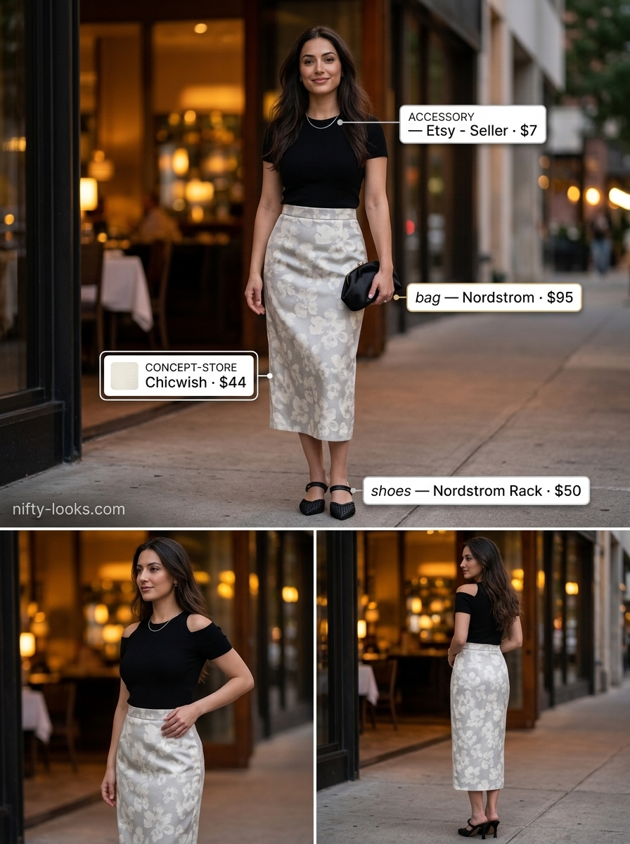 Chic muted floral midi skirt outfit for women 2026, perfect for dinner or smart casual events.