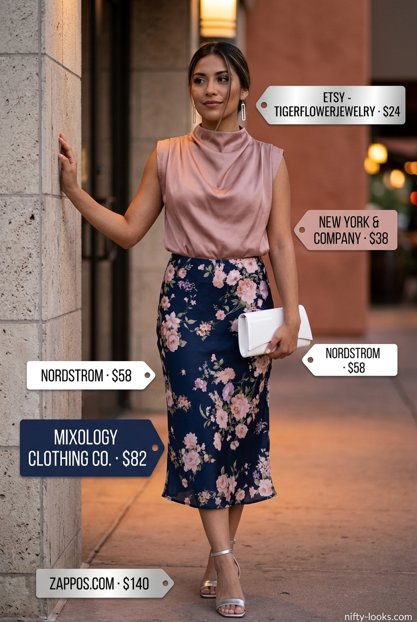 Sophisticated navy floral pencil skirt outfit with silk camisole for dinner dates. Summer Floral Skirt Outfits for Women 2026.