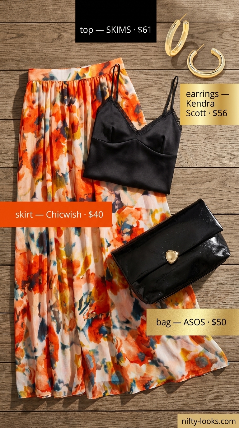 Bold orange floral maxi skirt outfit for women 2026, perfect for summer evening events.