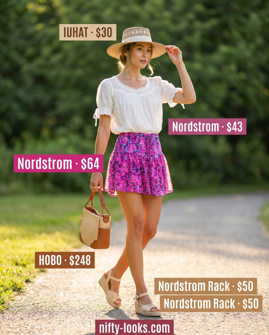 Playful Summer Floral Skirt Outfits for Women 2026: Pastel floral mini skirt with eyelet blouse and espadrilles.