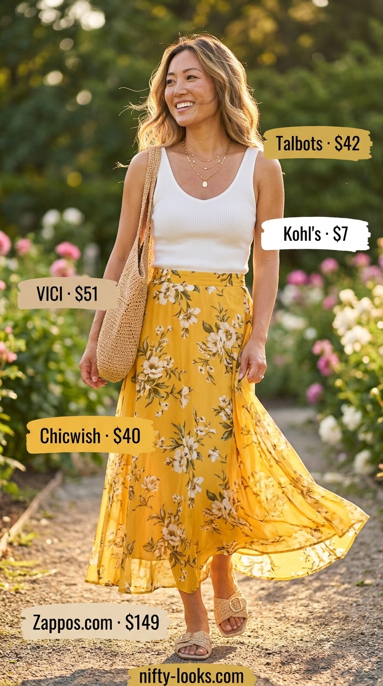 Romantic sunflower yellow floral maxi skirt outfit with white tank for garden parties. Summer Floral Skirt Outfits for Women 2026.