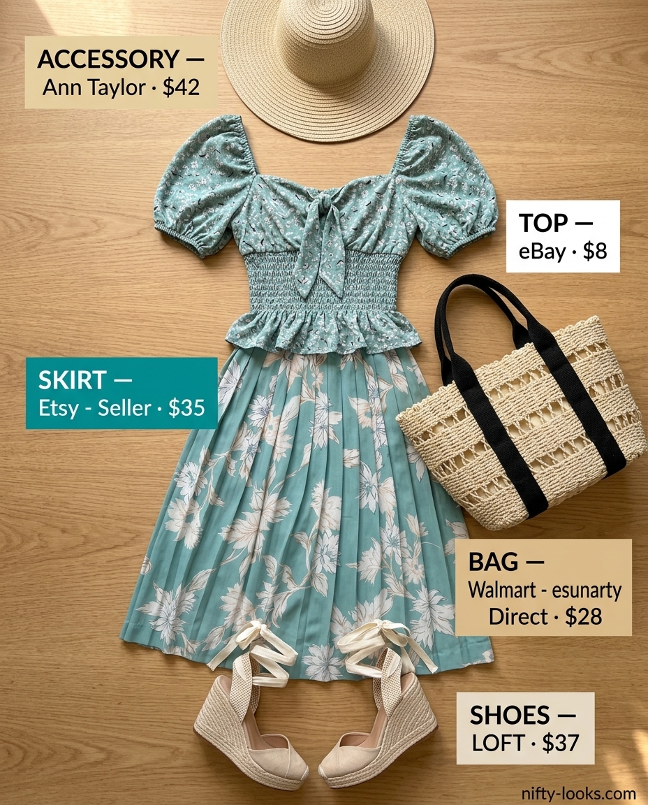 Chic teal floral linen skirt set outfit for women 2026, ideal for vacation or resort wear.