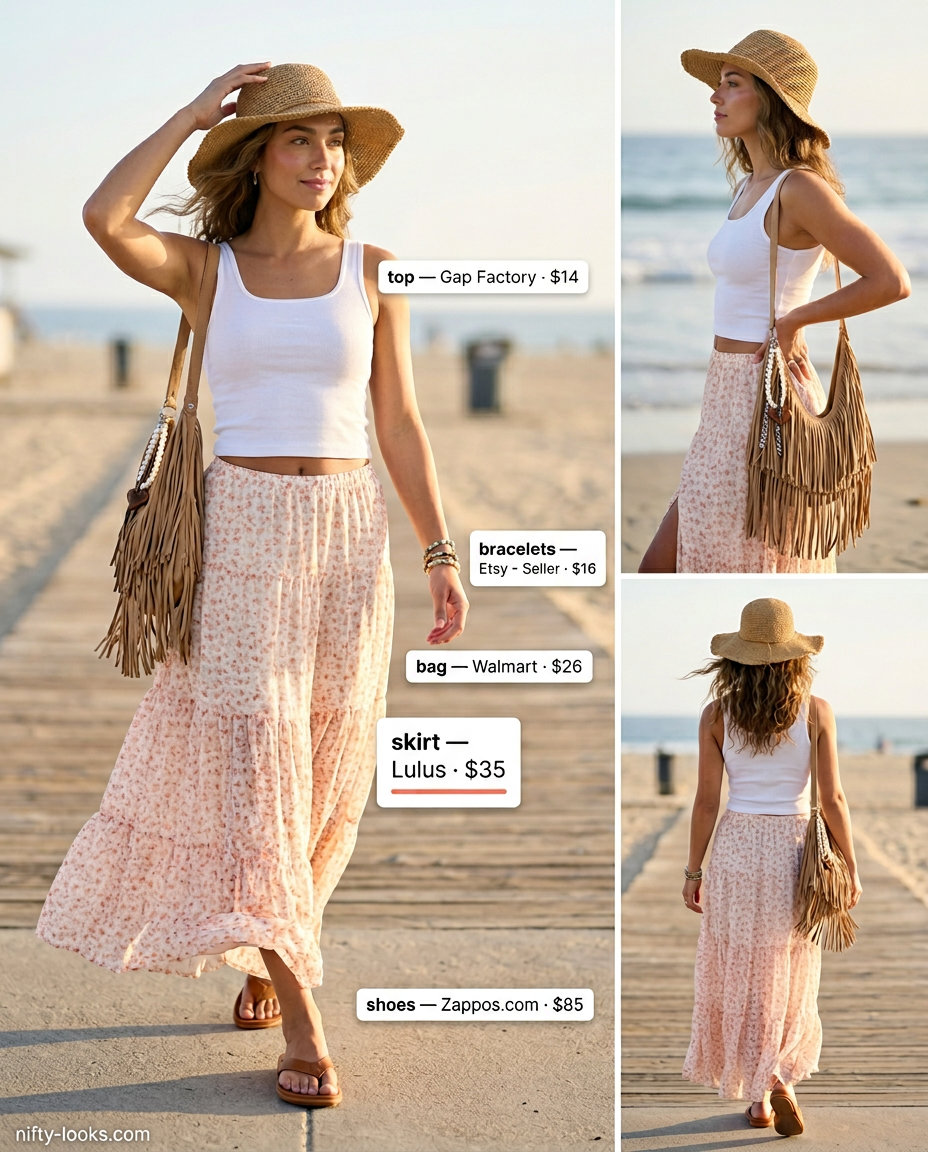 Relaxed Summer Floral Skirt Outfits for Women 2026: Warm floral maxi skirt with white tank and leather sandals.