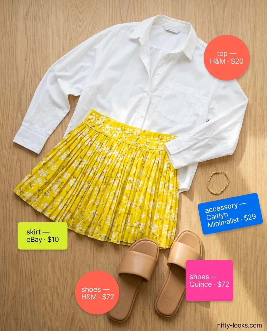 Playful yellow floral mini skirt outfit with white shirt for casual day out. Summer Floral Skirt Outfits for Women 2026.