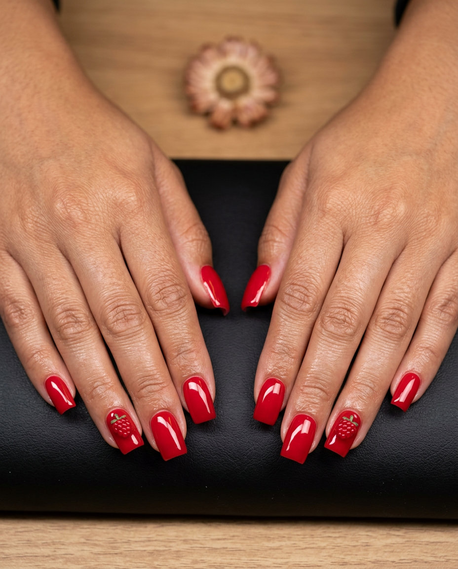 Berry Charm Accent Gloss nails: nude pink base with vibrant red raspberry charms for summer fruits nail art 2026.