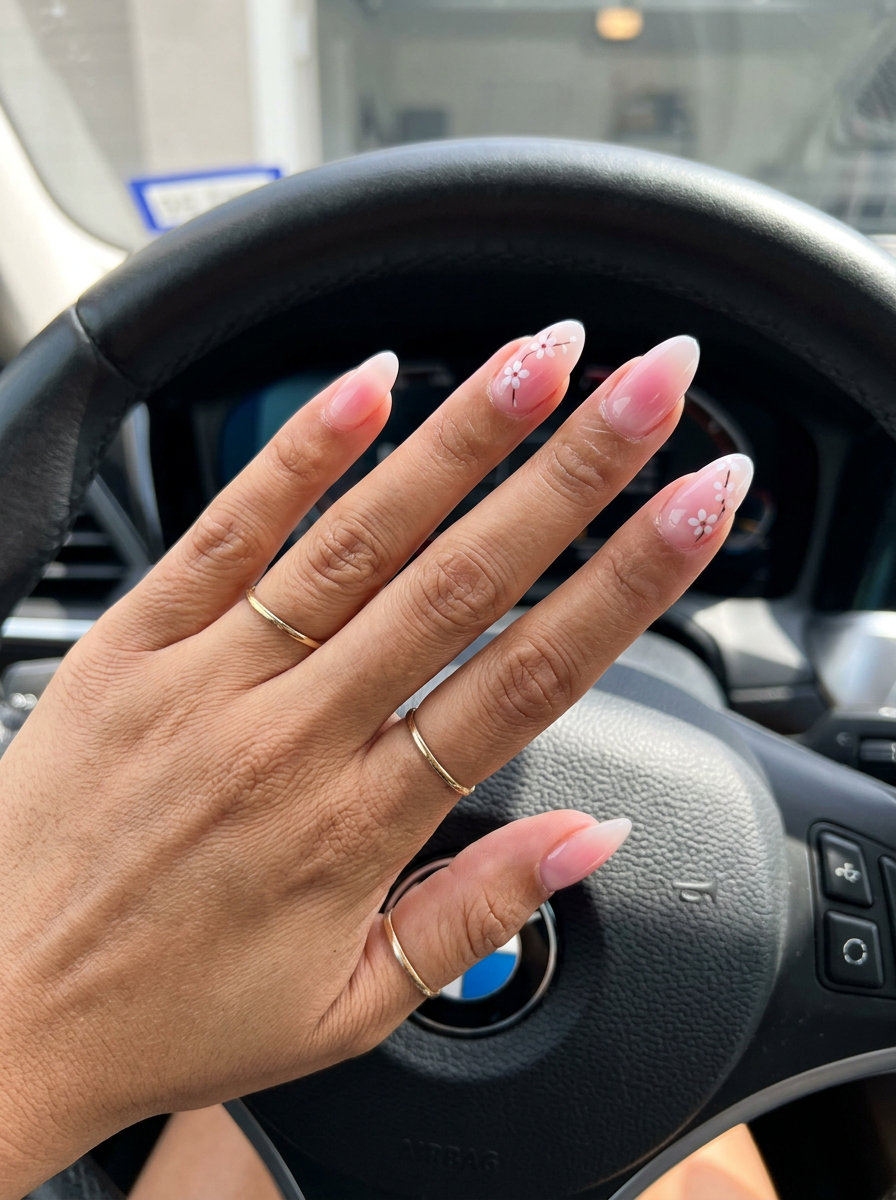 Cherry Blossom Aura nails: soft pink, milky white with white blossom accents for summer fruits nail art 2026.