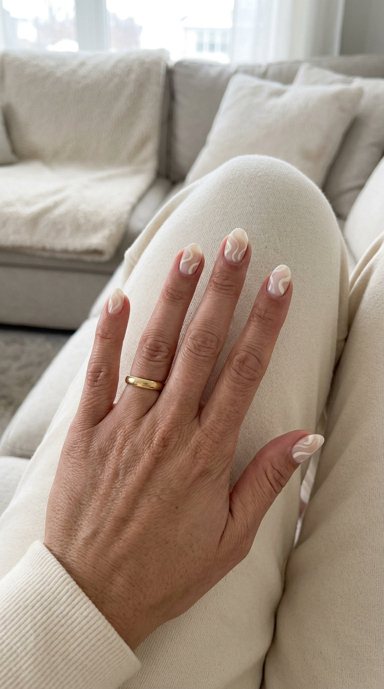 Milky white nails with creamy white swirls for daily wear and work, summer fruits nail art 2026.