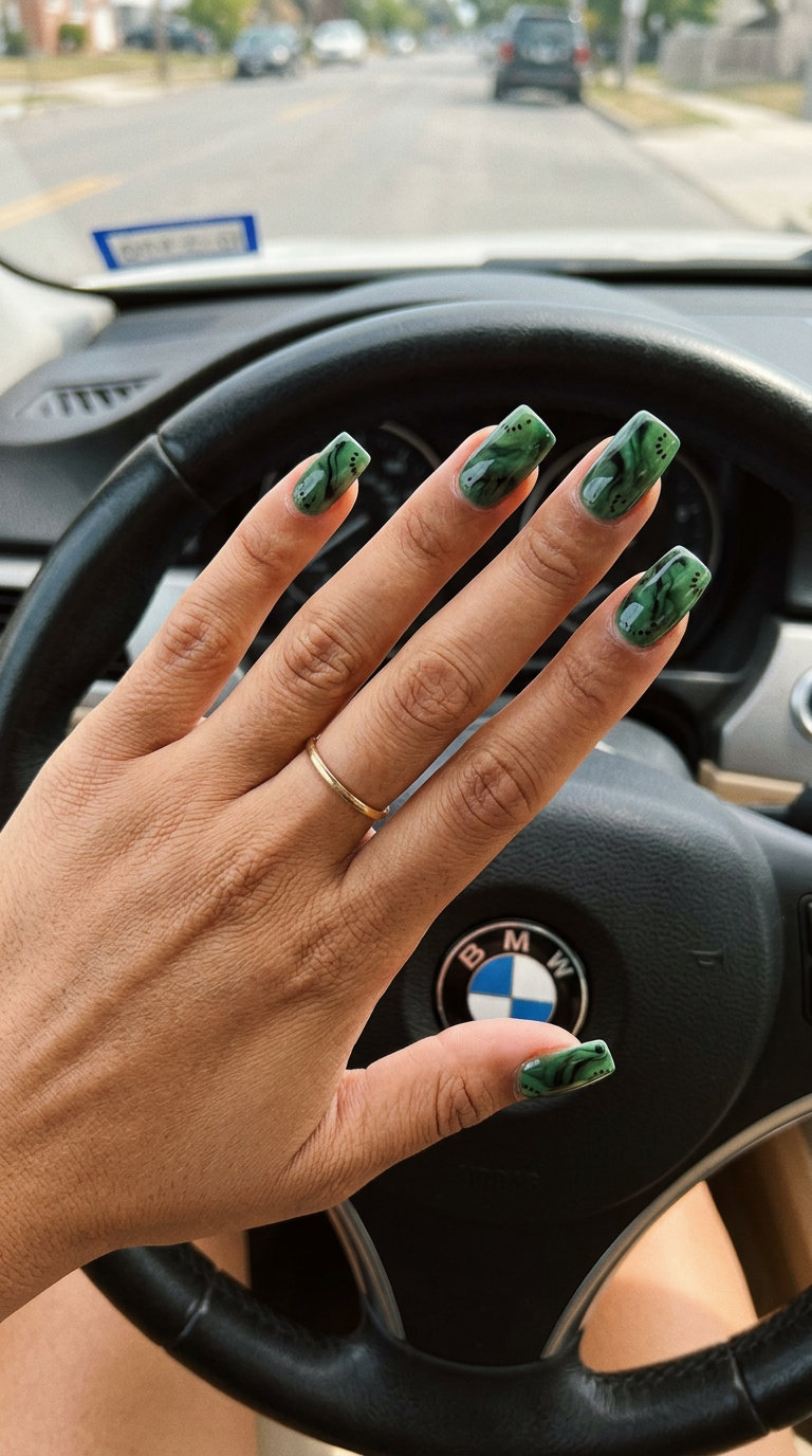 Kiwi slice marble nails with green, black, and white for edgy parties and nights out, summer fruits nail art 2026.