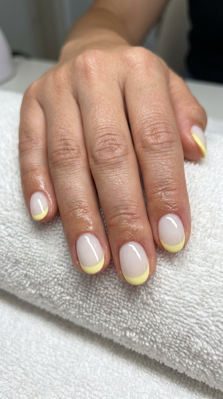 Sunny Lemonade Milky French nails with summer fruits nail art 2026. Milky yellow tips on sheer white for clean-girl daily wear.
