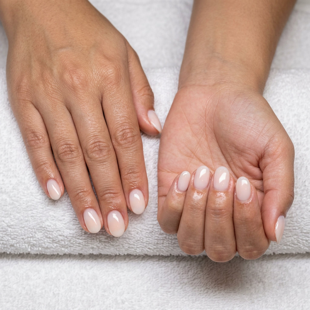 Milky white and soft peach nails for a romantic wedding guest outfit, summer fruits nail art 2026.
