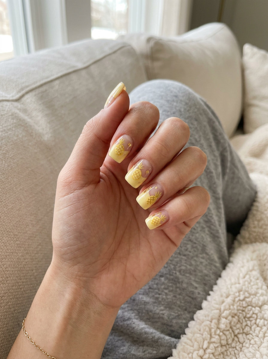 Pineapple Slice Negative Space nails: sheer yellow with gold accents for summer fruits nail art 2026.