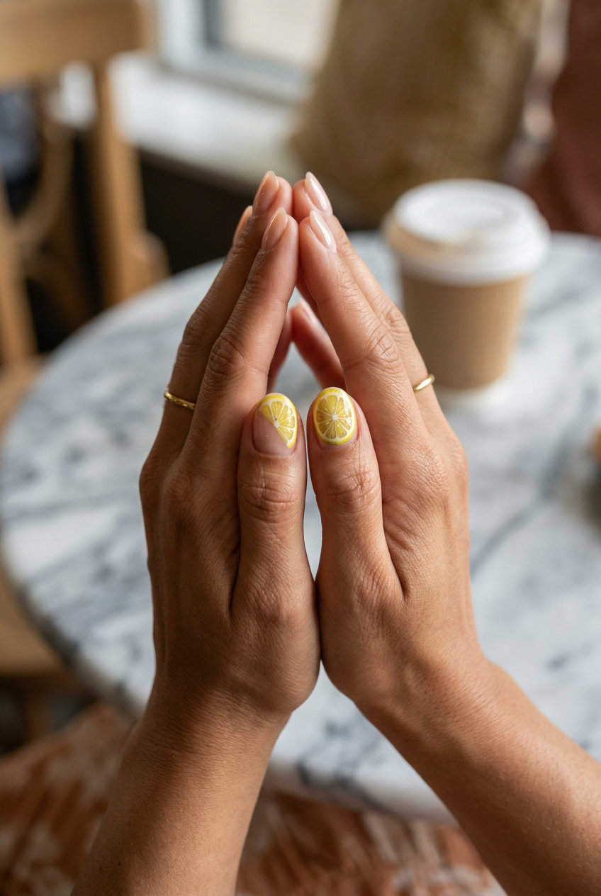 Realistic lemon slice accent nail on a sheer nude base for casual summer outings, summer fruits nail art 2026.